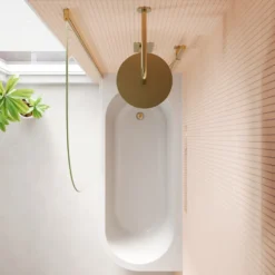 Armourcast Reinforced J Shaped Shower Bath with Panel & Brushed Brass Shower Screen - 1700mm