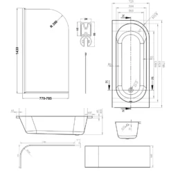 Armourcast Reinforced J Shaped Shower Bath with Panel & Brushed Brass Shower Screen - 1700mm