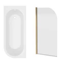 Armourcast Reinforced J Shaped Shower Bath with Panel & Brushed Brass Shower Screen - 1700mm