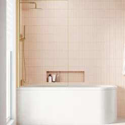 Armourcast Reinforced J Shaped Shower Bath with Panel & Brushed Brass Shower Screen - 1700mm