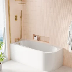 Armourcast Reinforced J Shaped Shower Bath with Panel & Brushed Brass Shower Screen - 1700mm