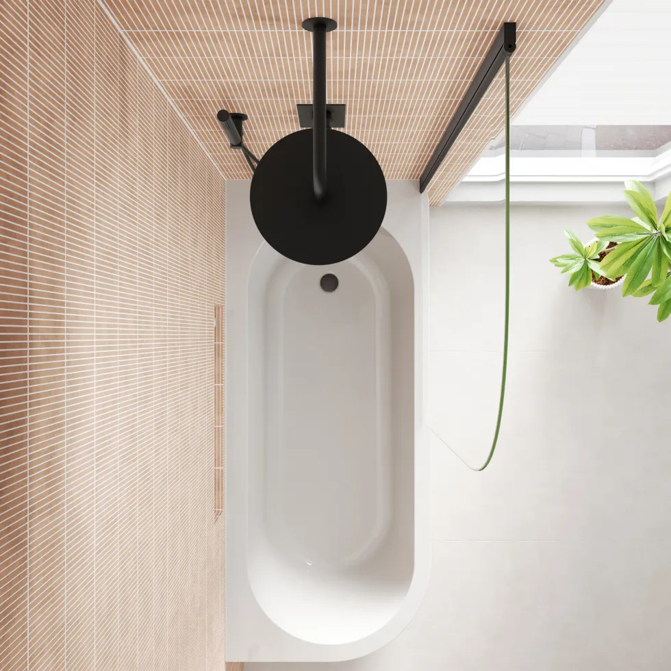 Armourcast Reinforced J Shaped Shower Bath with Panel & Matt Black Shower Screen - 1700mm