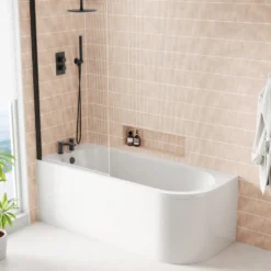 Armourcast Reinforced J Shaped Shower Bath with Panel & Matt Black Shower Screen - 1700mm