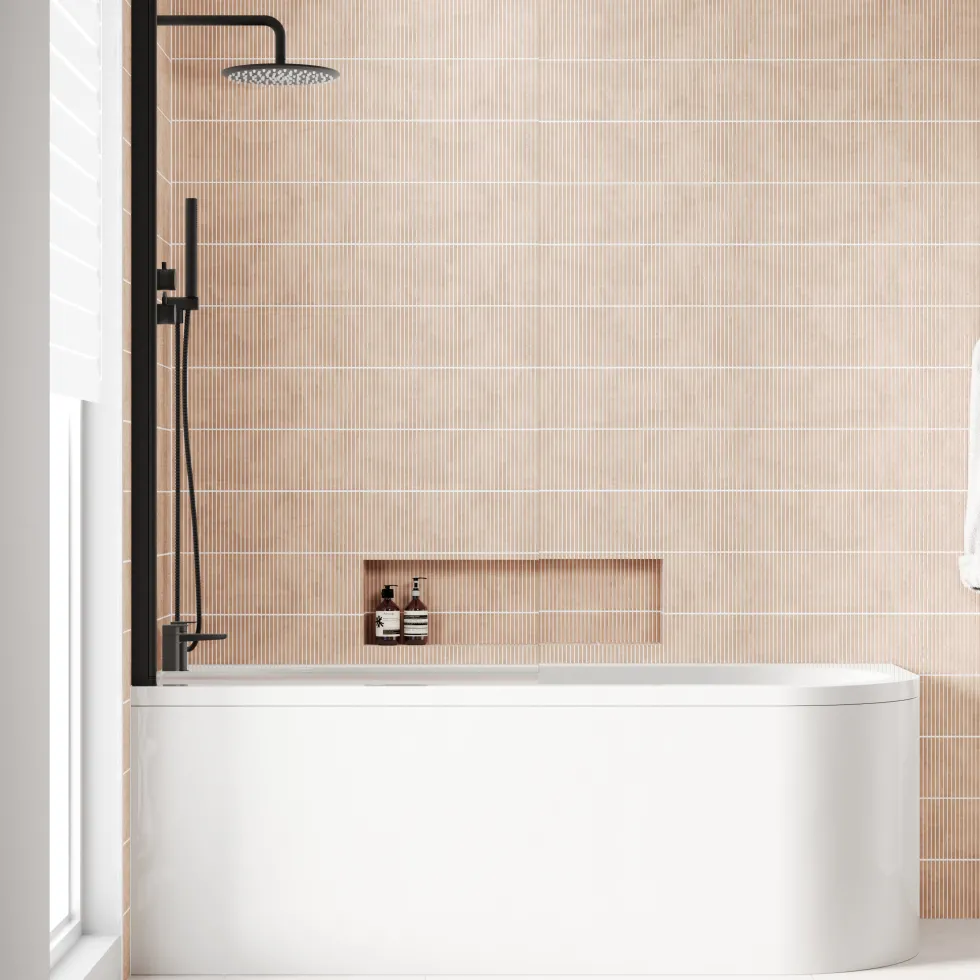 Armourcast Reinforced J Shaped Shower Bath with Panel & Matt Black Shower Screen - 1700mm