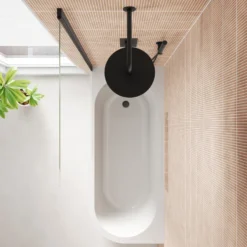 Armourcast Reinforced J Shaped Shower Bath with Panel & Matt Black Shower Screen - 1700mm