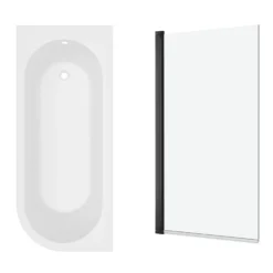 Armourcast Reinforced J Shaped Shower Bath with Panel & Matt Black Shower Screen - 1700mm