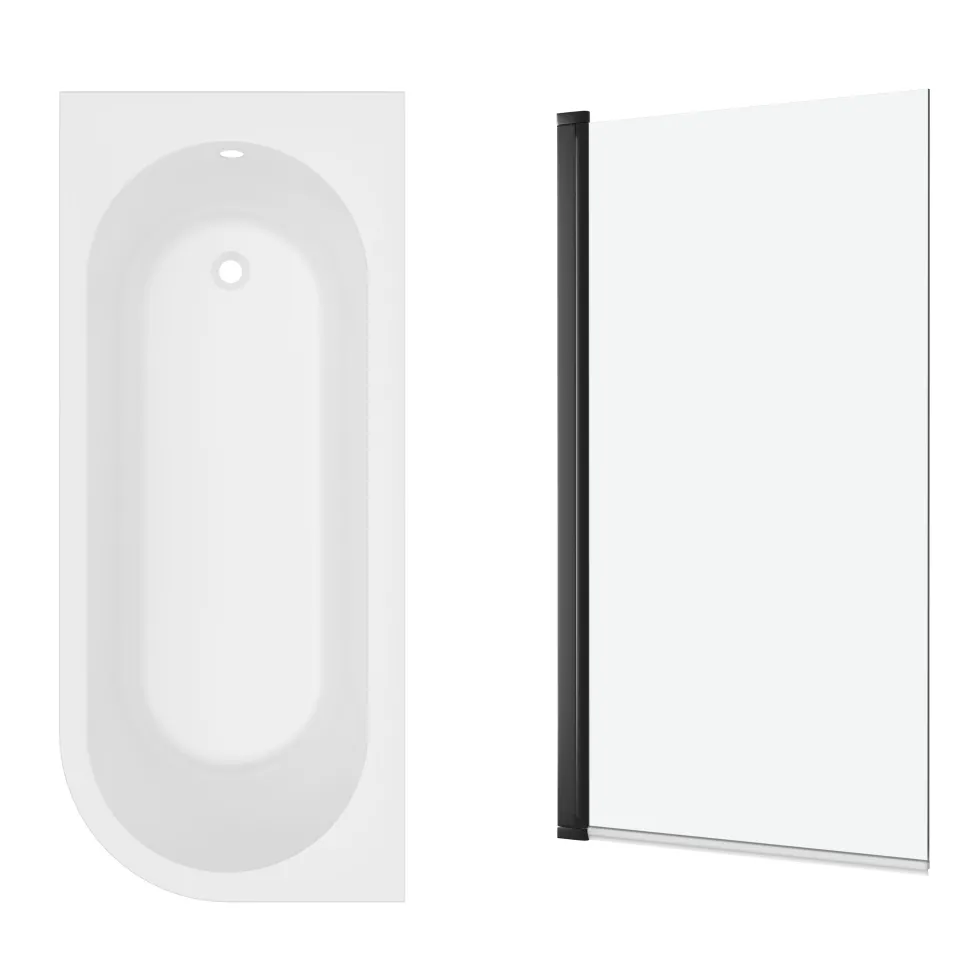 Armourcast Reinforced J Shaped Shower Bath with Panel & Matt Black Shower Screen - 1700mm