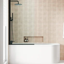 Armourcast Reinforced J Shaped Shower Bath with Panel & Matt Black Shower Screen - 1700mm