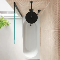 Armourcast Reinforced J Shaped Shower Bath with Panel & Matt Black Shower Screen - 1700mm