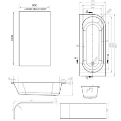 Armourcast Reinforced J Shaped Shower Bath with Panel & Matt Black Shower Screen - 1700mm