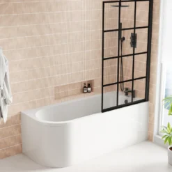 Armourcast Reinforced J Shaped Shower Bath with Panel & Matt Black Shower Screen - 1700mm