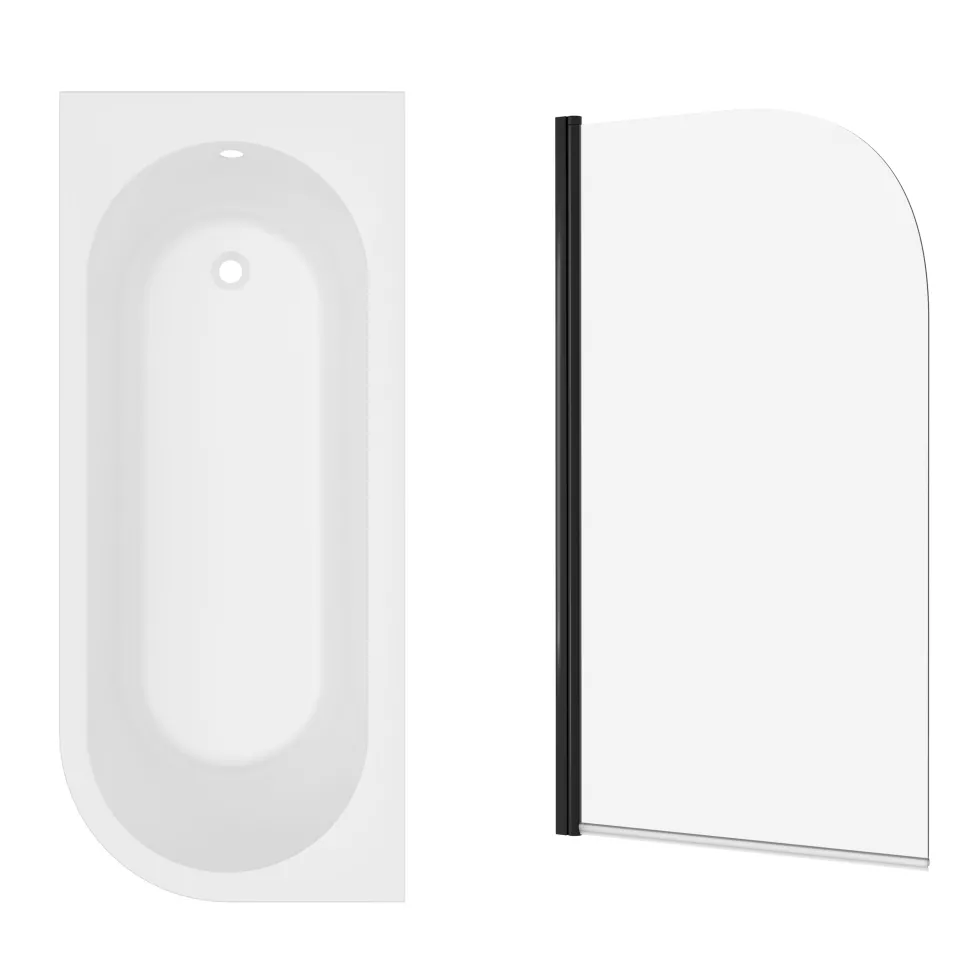 Armourcast Reinforced J Shaped Shower Bath with Panel & Matt Black Shower Screen - 1700mm