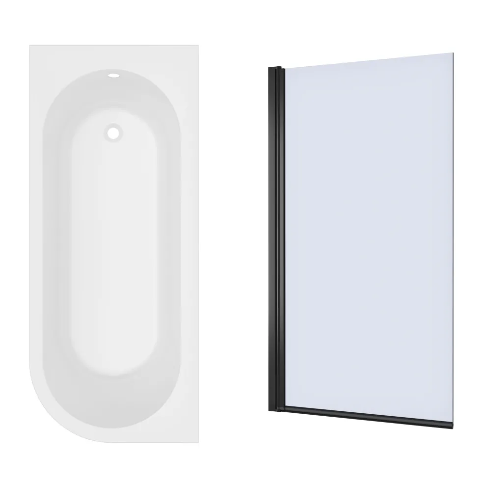 Armourcast Reinforced J Shaped Shower Bath with Panel & Matt Black Shower Screen - 1700mm