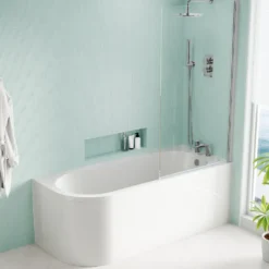 Armourcast Reinforced J Shaped Shower Bath with Panel & Shower Screen - 1700mm