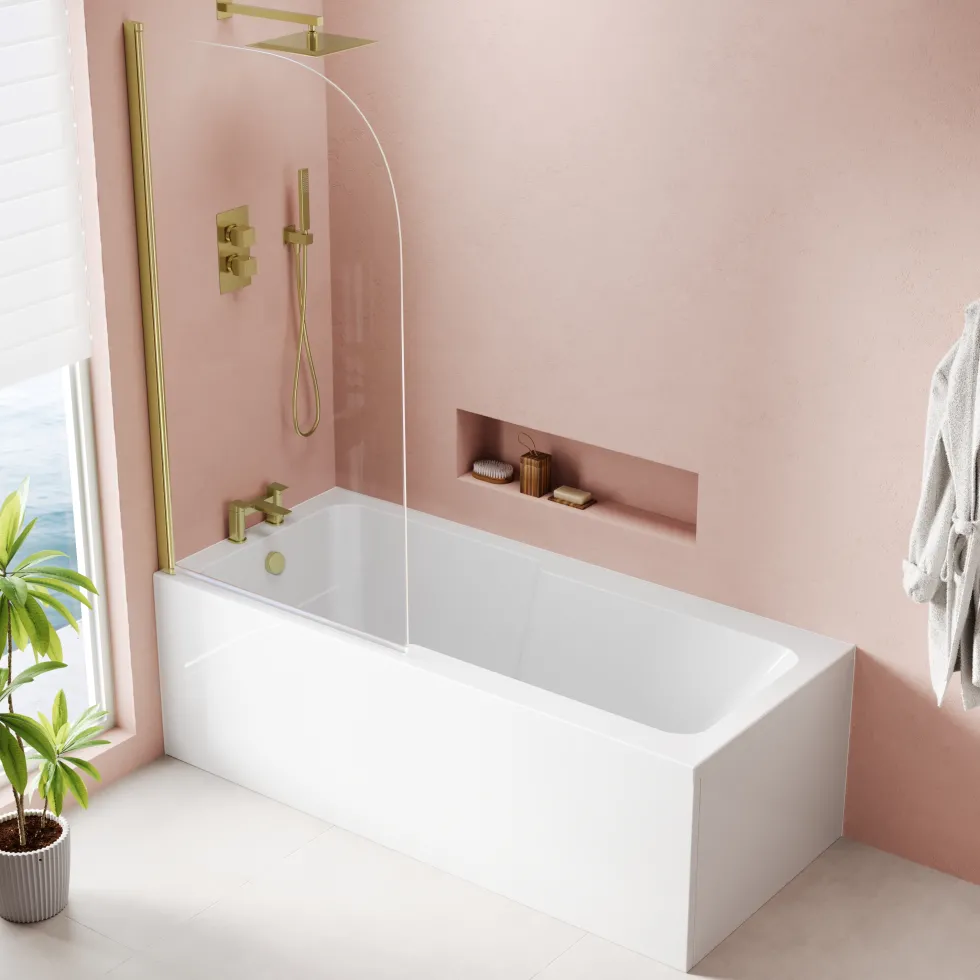 Armourcast Reinforced Keyhole Shower Bath & Brushed Brass Shower Screen - 1700mm