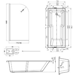 Armourcast Reinforced Keyhole Shower Bath with Shower Screen - 1700mm