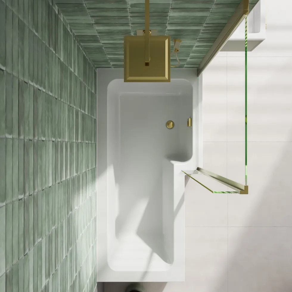 Armourcast Reinforced L Shaped Single Ended Bath with Brushed Brass Shower Screen & Panel - 1700 x 700