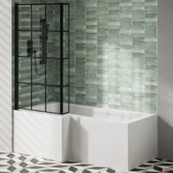 Armourcast Reinforced L Shaped Single Ended Bath with Matt Black Shower Screen & Panel - 1700 x 700