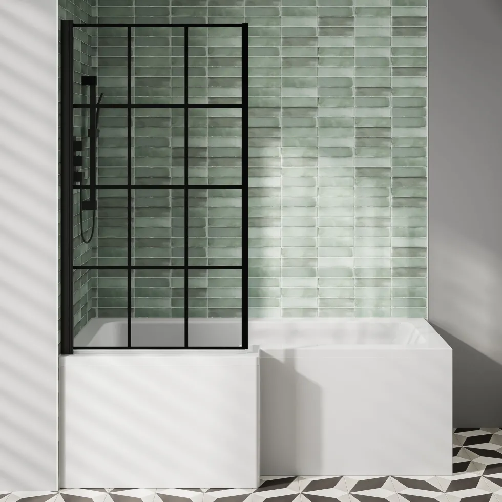 Armourcast Reinforced L Shaped Single Ended Bath with Matt Black Shower Screen & Panel - 1700 x 700