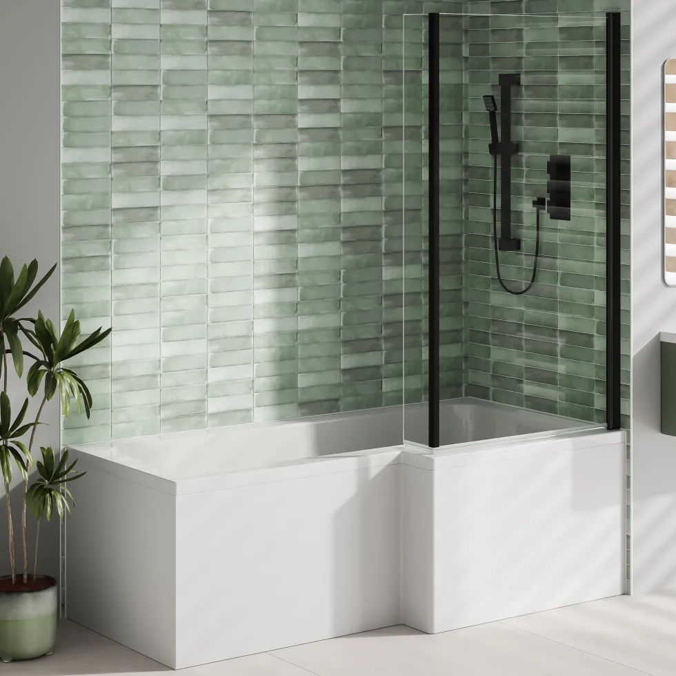 Armourcast Reinforced L Shaped Single Ended Bath with Matt Black Shower Screen & Panel - 1700 x 700