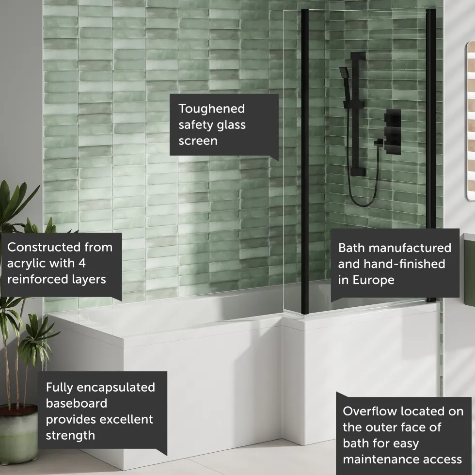 Armourcast Reinforced L Shaped Single Ended Bath with Matt Black Shower Screen & Panel - 1700 x 700