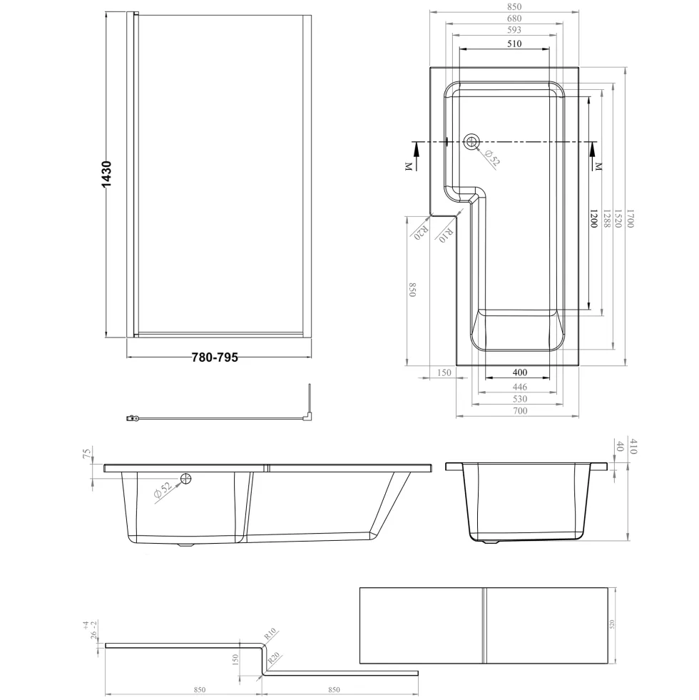 Armourcast Reinforced L Shaped Single Ended Bath with Matt Black Shower Screen & Panel - 1700 x 700
