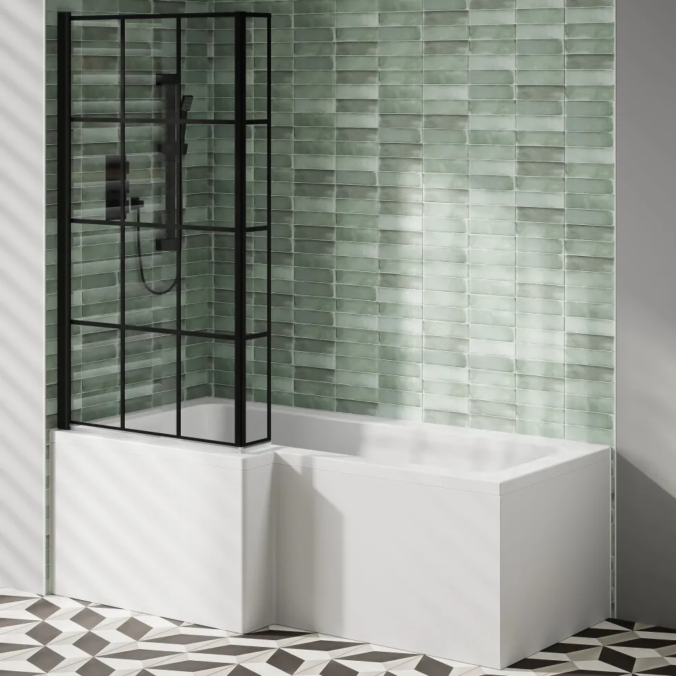 Armourcast Reinforced L Shaped Single Ended Bath with Matt Black Shower Screen & Panel - 1700 x 700