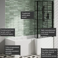 Armourcast Reinforced L Shape Single Ended Bath with Panel & Shower Screen - 1700 x 700