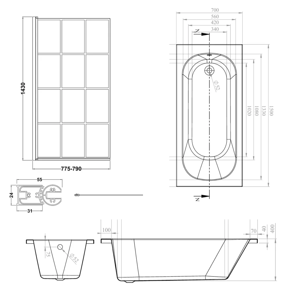 Armourcast Reinforced Single Ended Shower Bath & Matt Black Shower Screen