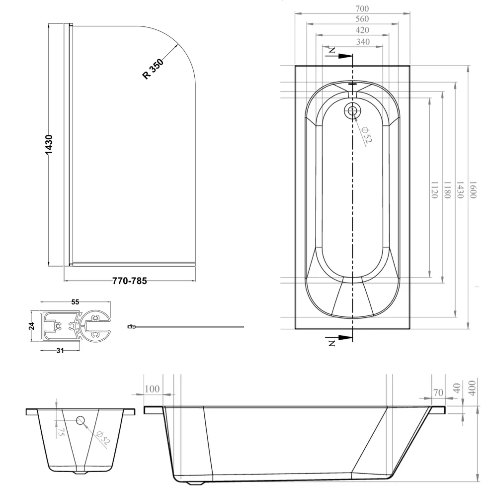 Armourcast Reinforced Single Ended Shower Bath & Shower Screen