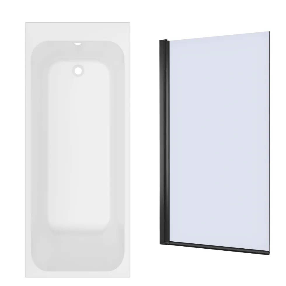 Armourcast Reinforced Slim Edge Single Ended Bath & Matt Black Shower Screen - 1700mm