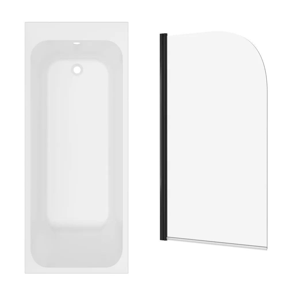 Armourcast Reinforced Slim Edge Single Ended Bath & Matt Black Shower Screen - 1700mm