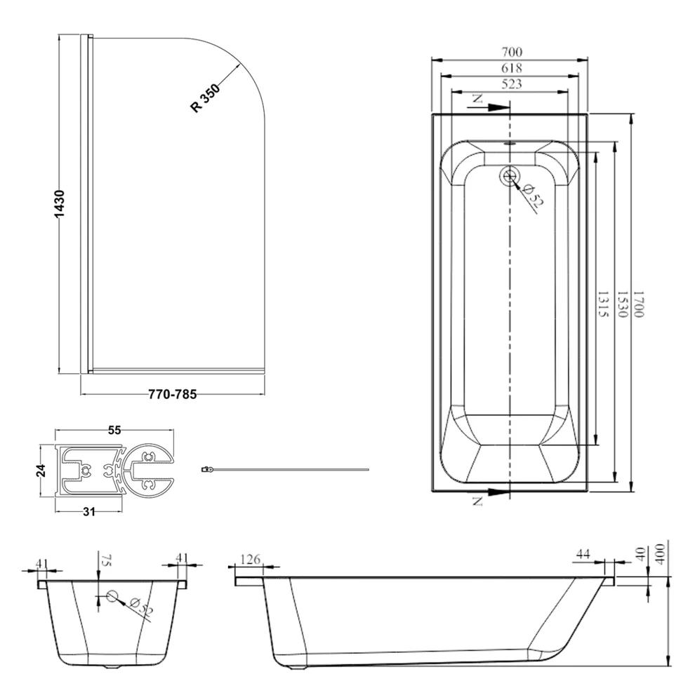 Armourcast Reinforced Slim Edge Single Ended Bath & Matt Black Shower Screen - 1700mm