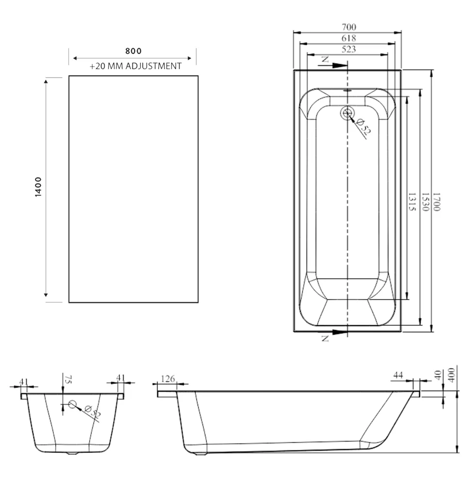 Armourcast Reinforced Slim Edge Single Ended Bath with Shower Screen - 1700mm