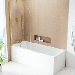 Armourcast Reinforced Slim Edge Square Single Ended Bath & Brushed Brass Shower Screen - 1700mm