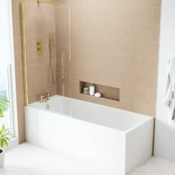 Armourcast Reinforced Slim Edge Square Single Ended Bath & Brushed Brass Shower Screen - 1700mm