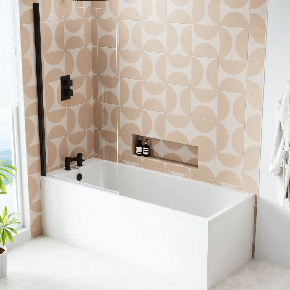 Armourcast Reinforced Slim Edge Square Single Ended Bath & Matt Black Shower Screen - 1700mm