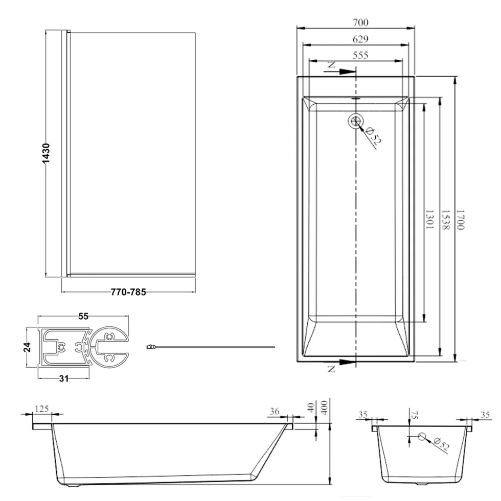 Armourcast Reinforced Slim Edge Square Single Ended Bath & Matt Black Shower Screen - 1700mm