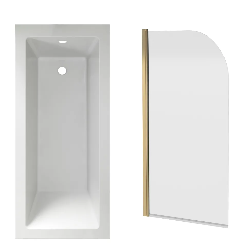 Armourcast Reinforced Straight Square Single Ended Bath & Brushed Brass Shower Screen