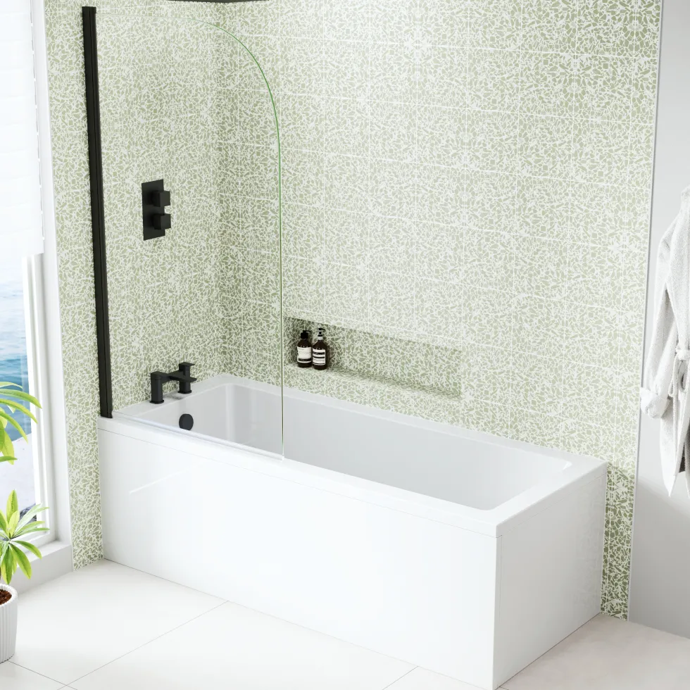 Armourcast Reinforced Straight Square Single Ended Bath & Matt Black Shower Screen