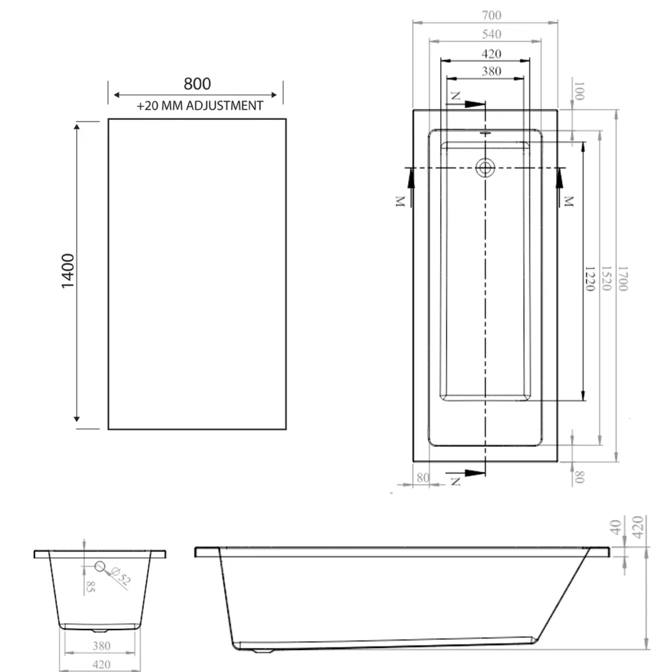 Armourcast Reinforced Straight Square Single Ended Bath & Matt Black Shower Screen