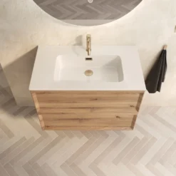 Aura 800mm Wall Mounted Natural Oak Vanity Unit & Matt White Basin