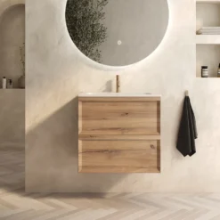 Aura 600mm Wall Mounted Natural Oak Vanity Unit & Matt White Basin