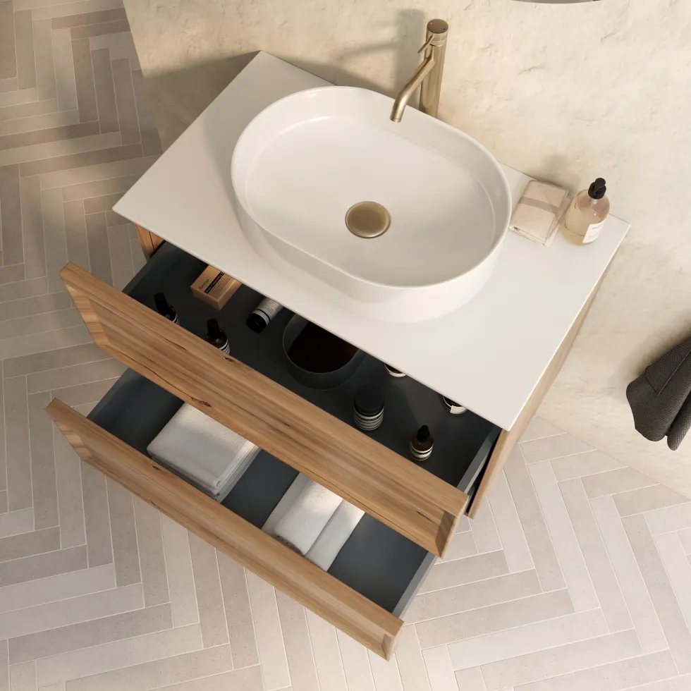 Aura 800mm Wall Mounted Natural Oak Vanity Unit & Sintered Stone Countertop