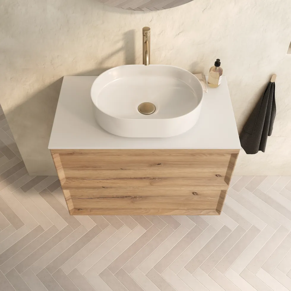 Aura 800mm Wall Mounted Natural Oak Vanity Unit & Sintered Stone Countertop