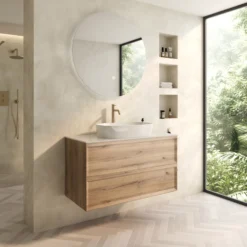 Aura 1000mm Wall Mounted Natural Oak Vanity Unit & Sintered Stone Countertop