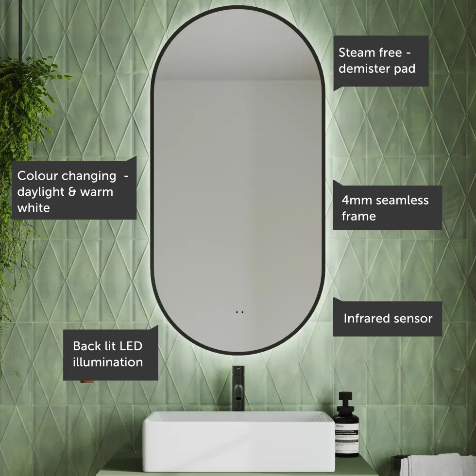 Billy LED Oval Framed Mirror with Demister Pad & Colour Change Lights - 500 x 1000mm