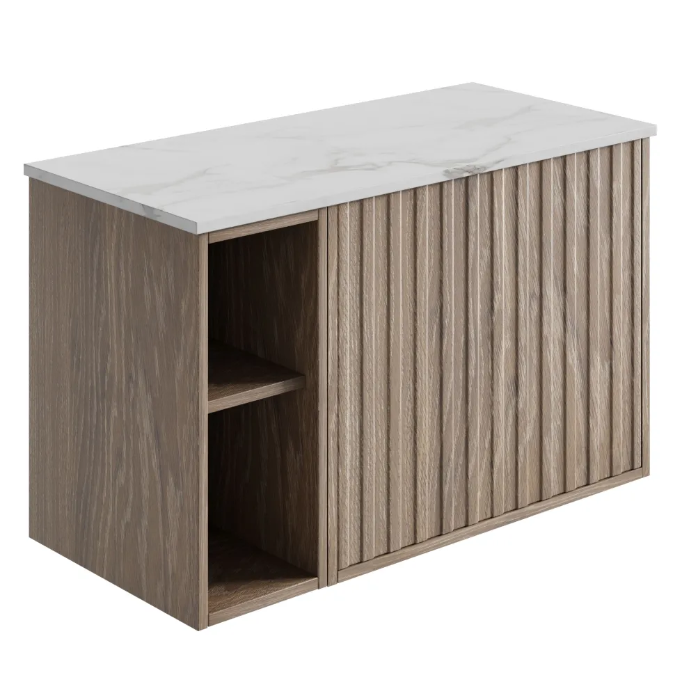 Billy 800mm Wall Hung Vanity Unit with Fluted Drawer Front & Marble Sintered Stone Worktop