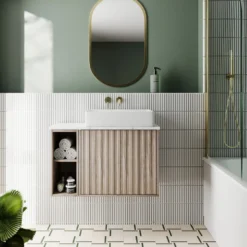 Billy 800mm Wall Hung Vanity Unit with Fluted Drawer Front & Marble Sintered Stone Worktop