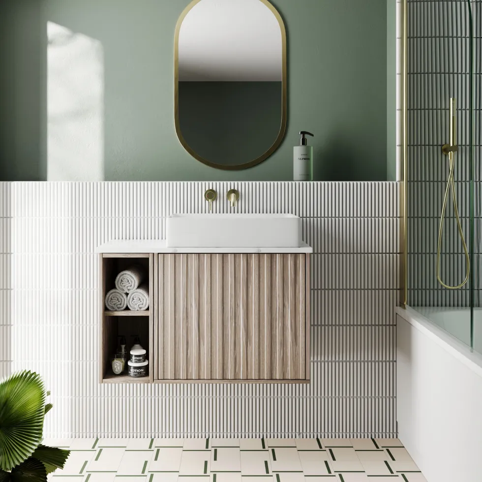 Billy 800mm Wall Hung Vanity Unit with Fluted Drawer Front & Marble Sintered Stone Worktop